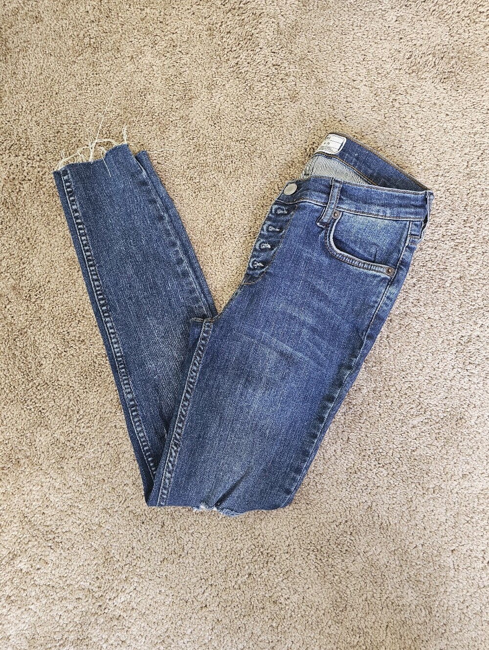 Free People High-Rise Button-Fly Skinny Jeans in Medium Blue